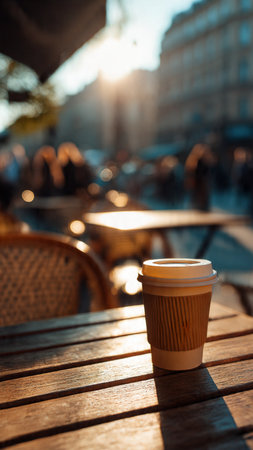 Paper cup of coffee on a table in a cafe at sunset.の写真素材