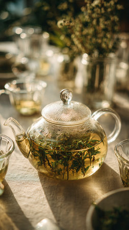 Green tea with thyme in a glass teapot on the tableの写真素材