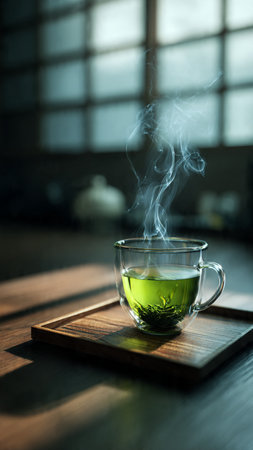 hot green tea in a cup on a wooden table in a cafeの写真素材