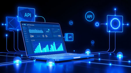 Laptop with graph on screen against blue background with vignette 3d