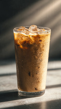 Iced coffee with ice cubes in a glass on a dark background