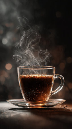 Cup of coffee with smoke on a dark background. Copy space.の写真素材