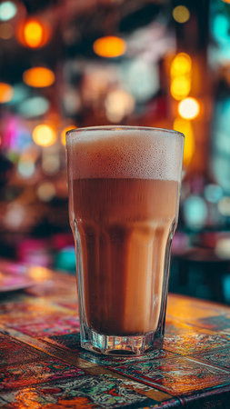 Coffee in a glass on a table in a cafe.の写真素材