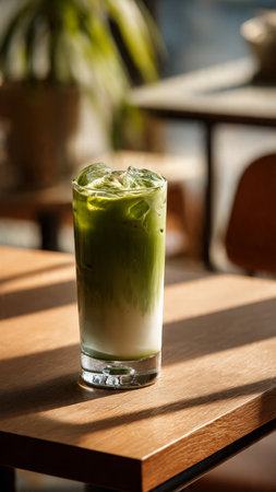 Iced matcha green tea latte in a glass on table