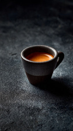 Cup of espresso coffee on dark stone background with copy space.の写真素材