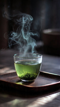 hot green tea in a glass cup on a wooden tray with smokeの写真素材