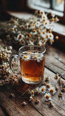 Cup of herbal tea with chamomile flowers on rustic wooden tableの写真素材