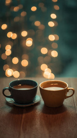 Two cups of coffee on a wooden table in front of bokeh lightsの写真素材