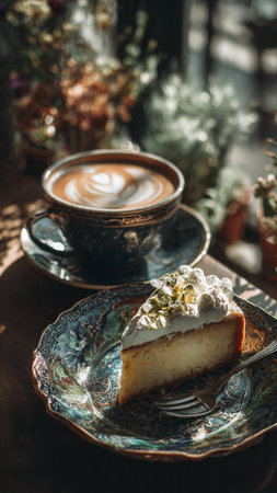 A cup of coffee and a piece of cake on a wooden tableの写真素材