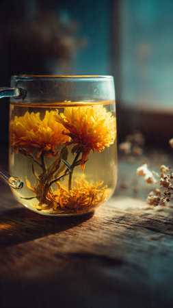Herbal tea with calendula flowers in glass cup on wooden tableの写真素材
