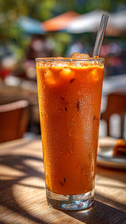 Iced coffee in a glass on a table in a cafe.の写真素材