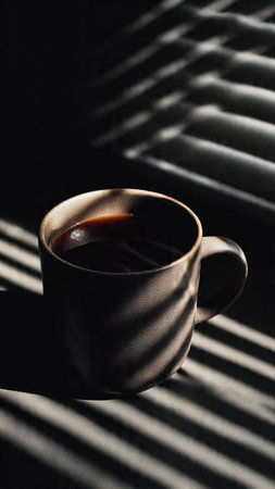 Cup of coffee with shadow from blinds on a black backgroundの写真素材