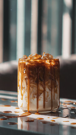 Iced caramel coffee with whipped cream in cafe - Filter effect Processingの写真素材