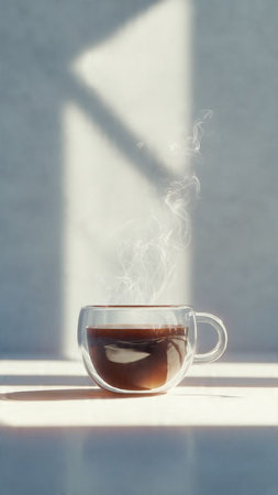 Cup of coffee with smoke on the background of the window.の写真素材