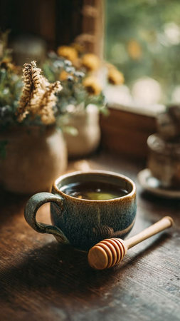 Cup of tea with honey on rustic wooden background, selective focusの写真素材