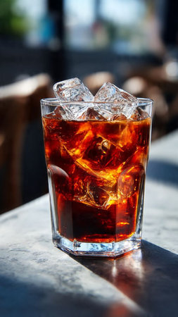 Cola with ice cubes in a glass on a table in a cafe