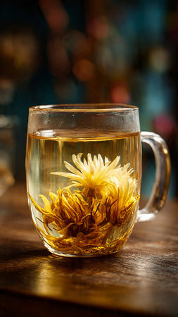 Cup of herbal tea with chamomile flowers on wooden tableの写真素材