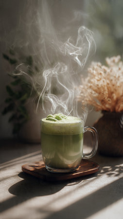 Cup of green tea latte with steam on wooden tray in sunlightの写真素材