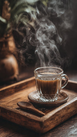 Coffee cup with steam on the wooden tray, stock photoの写真素材