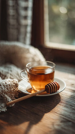 Cup of hot tea with honey on the wooden table near the windowの写真素材