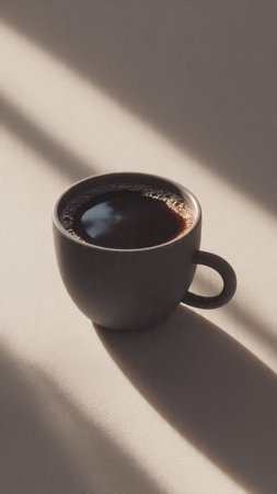 Cup of coffee on a beige background with shadows from the windowの写真素材