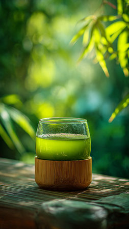 Green tea in glass on bamboo table with green bokeh backgroundの写真素材