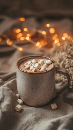 Cup of hot chocolate with marshmallows and Christmas lights on backgroundの写真素材