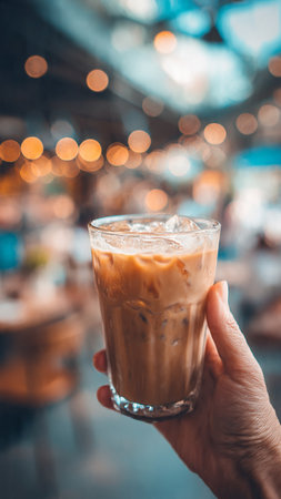 Iced coffee in a glass with ice in hand. Coffee shop backgroundの写真素材