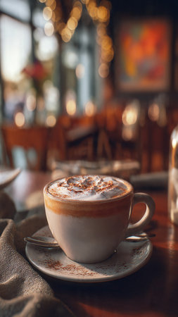 Cappuccino with cinnamon on a wooden table in a cafeの写真素材