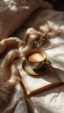 Cup of coffee and book on bed, soft focus background.の写真素材