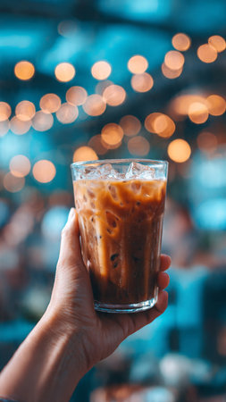 Iced coffee in hand with bokeh background, stock photoの写真素材