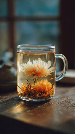 Cup of tea with chamomile flowers on a wooden tableの写真素材