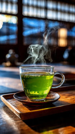 hot green tea in a cup on a wooden table in a cafeの写真素材