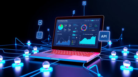 Laptop with infographic and glowing light bulbs on dark background 3D rendering