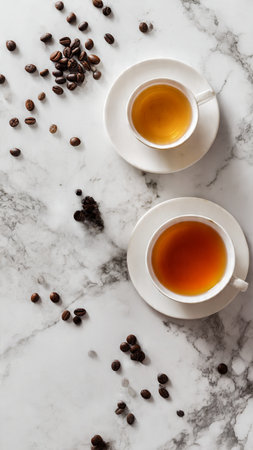 Cup of tea with coffee beans on white marble background, top viewの写真素材