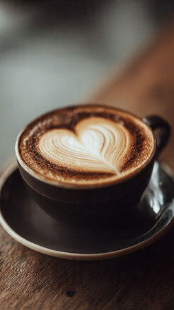 Coffee cup with heart shape latte art on wooden table.の写真素材
