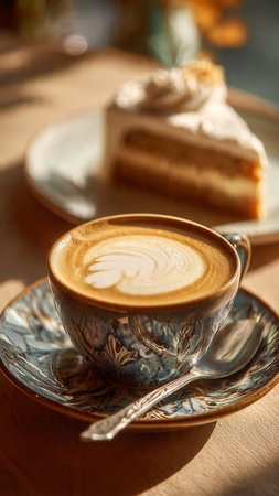 Cup of coffee with cake on table in cafe, closeupの写真素材