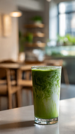 Iced matcha latte green tea in cafe, stock photoの写真素材