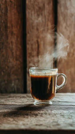 Coffee cup on wooden table with steam. Vintage style.の写真素材