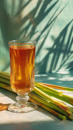 Lemon grass juice in a glass with lemongrass leavesの写真素材