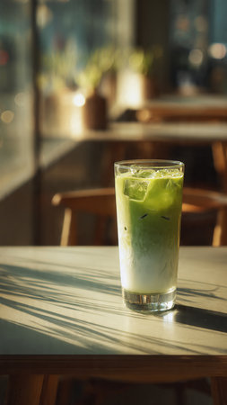iced matcha green tea latte on wooden table in coffee shopの写真素材