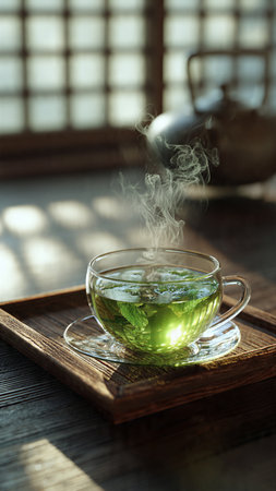 Green tea in a cup on a wooden tray with a teapotの写真素材