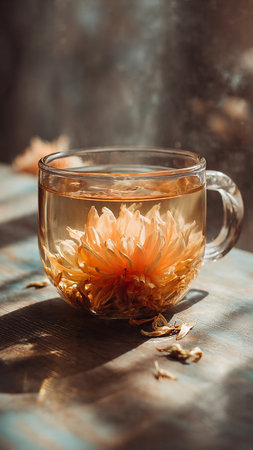 Cup of tea with flowers on a wooden table in the sunlightの写真素材
