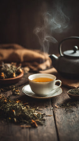 A cup of green tea with a teapot on a wooden tableの写真素材