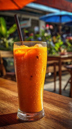 Iced thai tea in a glass on wood table, Thailand.の写真素材
