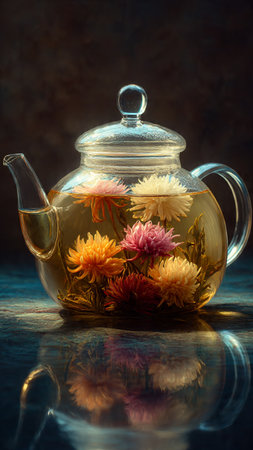 glass teapot with chrysanthemums on dark backgroundの写真素材
