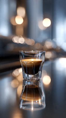 Coffee in a glass on a bar counter with bokeh backgroundの写真素材