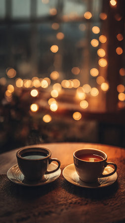 Two cups of hot tea on a wooden table in a cozy cafe.の写真素材