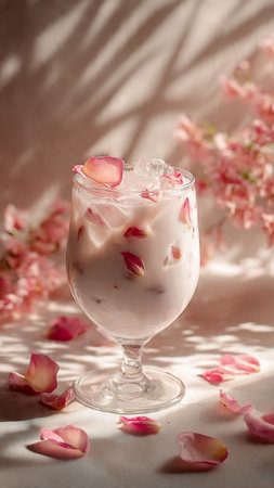 Yogurt with rose petals in a glass on a light backgroundの写真素材