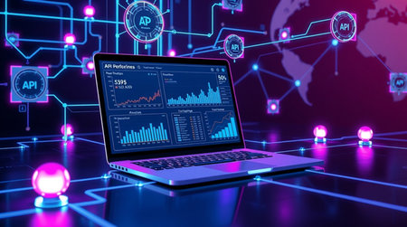 Laptop with stock market data on screen against purple background 3d rendering
